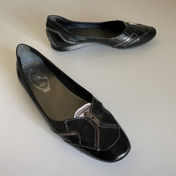 TOD's Ballet Flat Round Toe Zipper Black Patent Leather Slip On 38.5 8.5 - Picture 5 of 9